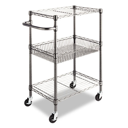 Three-Tier Wire Cart with Basket, Metal, 2 Shelves, 1 Bin, 500 lb Capacity, 28" x 16" x 39", Black Anthracite-(ALESW342416BA)