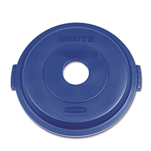 Bottle/Can Recycling Top for BRUTE 32 gal Containers, Round Openings, 9.8w x 22.9d x 22.3h, Blue-(RCP1788376)