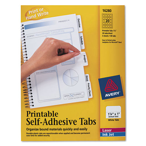 Printable Plastic Tabs with Repositionable Adhesive, 1/5-Cut, White, 1.25" Wide, 96/Pack-(AVE16280)