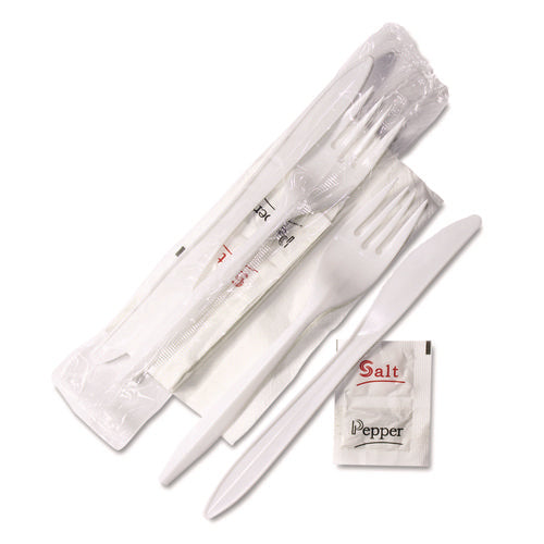 Wrapped Cutlery Kit, 6.25", Fork/Knife/Napkin/Salt/Pepper, Polypropylene, White, 500/Carton-(GEN5KITMW)