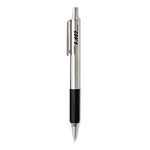 F-402 Ballpoint Pen, Retractable, Fine 0.7 mm, Black Ink, Stainless Steel/Black Barrel, 2/Pack-(ZEB29212)