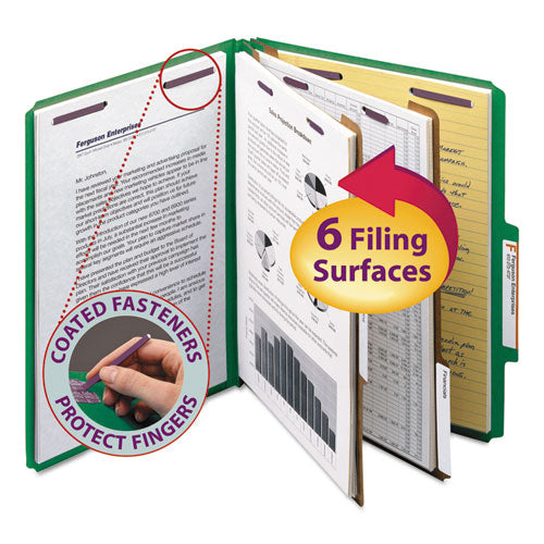 Six-Section Pressboard Top Tab Classification Folders, Six SafeSHIELD Fasteners, 2 Dividers, Letter Size, Green, 10/Box-(SMD14033)