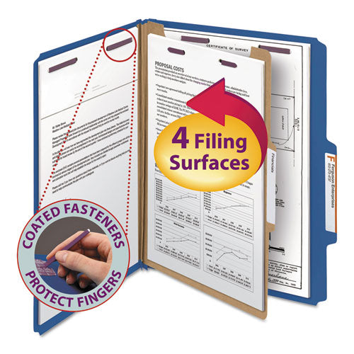 Four-Section Pressboard Top Tab Classification Folders, Four SafeSHIELD Fasteners, 1 Divider, Letter Size, Dark Blue, 10/Box-(SMD13732)