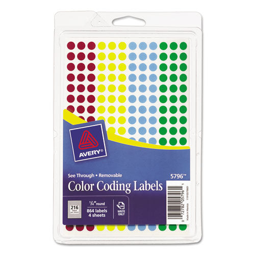 Handwrite-Only Self-Adhesive "See Through" Removable Round Color Dots, 0.25" dia, Assorted, 216/Sheet, 4 Sheets/Pack, (5796)-(AVE05796)