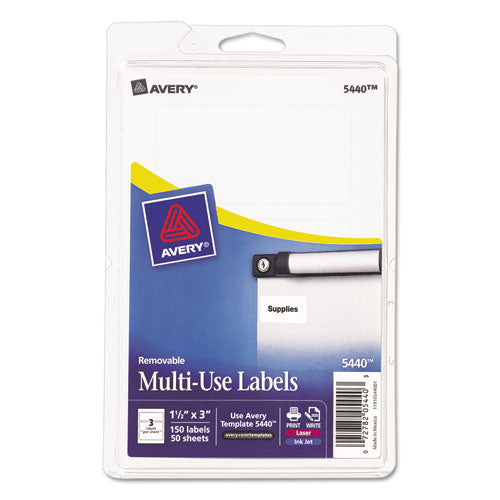 Removable Multi-Use Labels, Inkjet/Laser Printers, 1.5 x 3, White, 3/Sheet, 50 Sheets/Pack, (5440)-(AVE05440)