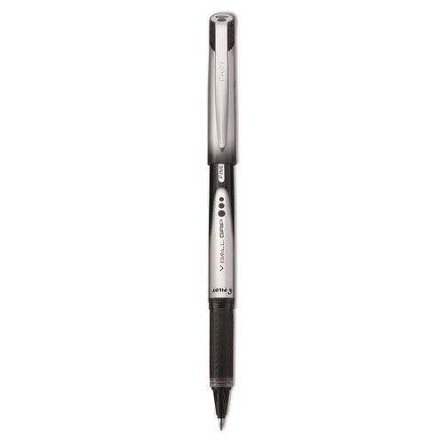 VBall Grip Liquid Ink Roller Ball Pen, Stick, Fine 0.7 mm, Black Ink, Black/Silver Barrel, Dozen-(PIL35570)