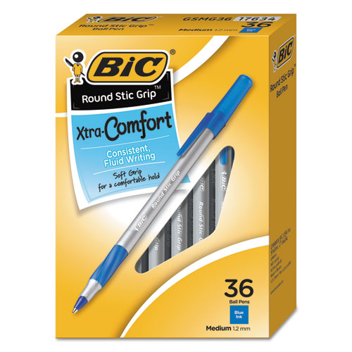 Round Stic Grip Xtra Comfort Ballpoint Pen Value Pack, Easy-Glide, Stick, Medium 1.2 mm, Blue Ink, Gray/Blue Barrel, 36/Pack-(BICGSMG361BE)