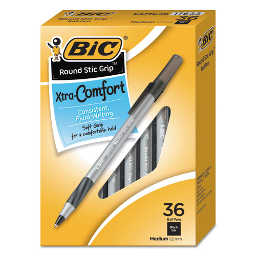 Round Stic Grip Xtra Comfort Ballpoint Pen Value Pack, Easy-Glide, Stick, Medium 1.2 mm, Black Ink, Gray/Black Barrel, 36/PK-(BICGSMG361BK)