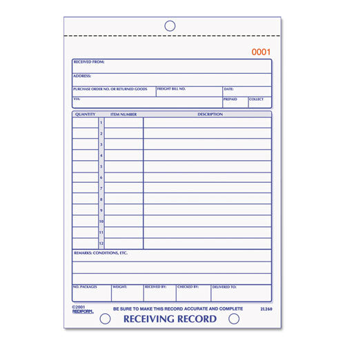 Receiving Record Book, Three-Part Carbonless, 5.56 x 7.94, 50 Forms Total-(RED2L260)