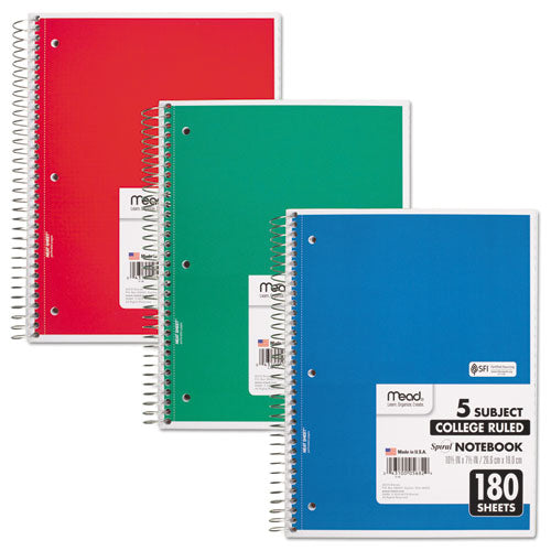 Spiral Notebook, 5-Subject, Medium/College Rule, Randomly Assorted Cover Color, (180) 10.5 x 8 Sheets-(MEA05682)