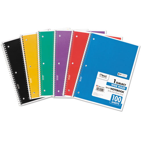 Spiral Notebook, 3-Hole Punched, 1-Subject, Wide/Legal Rule, Randomly Assorted Cover Color, (100) 10.5 x 7.5 Sheets-(MEA05514)