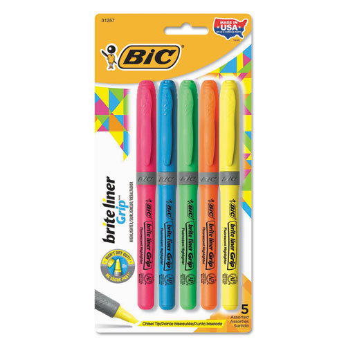 Brite Liner Grip Pocket Highlighter, Assorted Ink Colors, Chisel Tip, Assorted Barrel Colors, 5/Set-(BICGBLP51ASST)