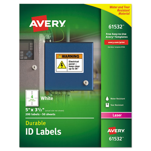 Durable Permanent ID Labels with TrueBlock Technology, Laser Printers, 3.5 x 5, White, 4/Sheet, 50 Sheets/Pack-(AVE61532)