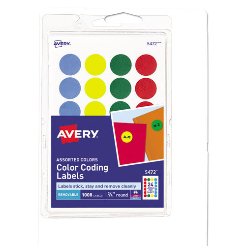 Printable Self-Adhesive Removable Color-Coding Labels, 0.75" dia, Assorted Colors, 24/Sheet, 42 Sheets/Pack, (5472)-(AVE05472)