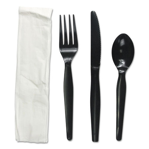 Four-Piece Cutlery Kit, Fork/Knife/Napkin/Teaspoon, Black, 250/Carton-(BWKFKTNMWPSBLA)