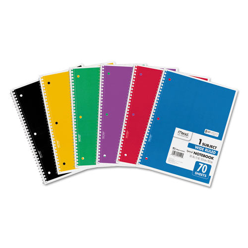 Spiral Notebook, 1-Subject, Wide/Legal Rule, Assorted Cover Colors, (70) 10.5 x 8 Sheets, 6/Pack-(MEA73063)