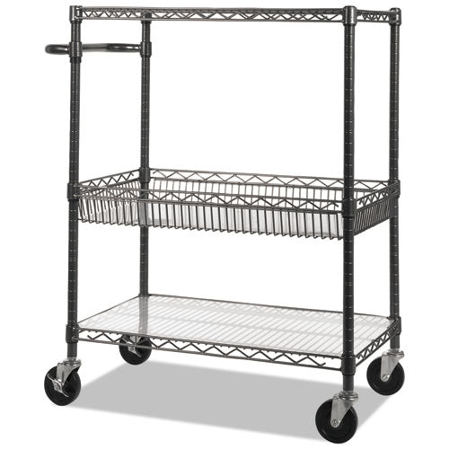Three-Tier Wire Cart with Basket, Metal, 2 Shelves, 1 Bin, 500 lb Capacity, 34" x 18" x 40", Black Anthracite-(ALESW543018BA)