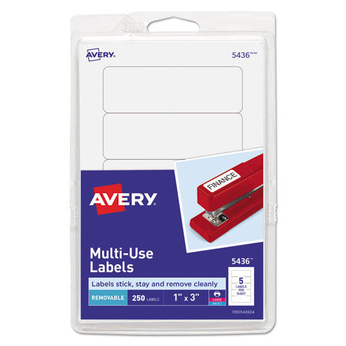 Removable Multi-Use Labels, Inkjet/Laser Printers, 1 x 3, White, 5/Sheet, 50 Sheets/Pack, (5436)-(AVE05436)