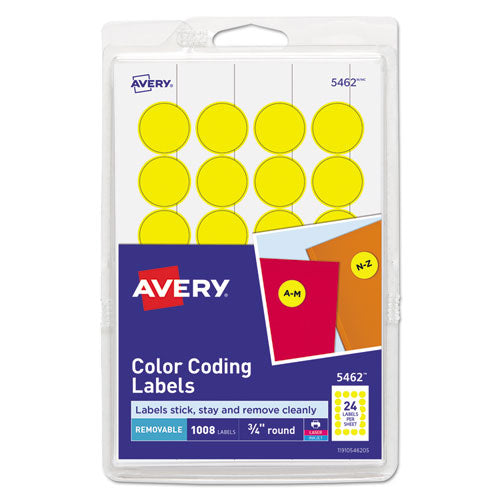 Printable Self-Adhesive Removable Color-Coding Labels, 0.75" dia, Yellow, 24/Sheet, 42 Sheets/Pack, (5462)-(AVE05462)