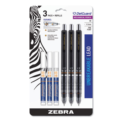 Delguard Mechanical Pencil, 0.5 mm, HB (#2.5), Black Lead, Black Barrel, 3/Pack-(ZEB10613)