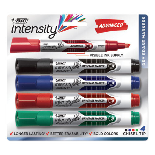 Intensity Advanced Dry Erase Marker, Tank-Style, Broad Chisel Tip, Assorted Colors, 4/Pack-(BICGELITP41AST)