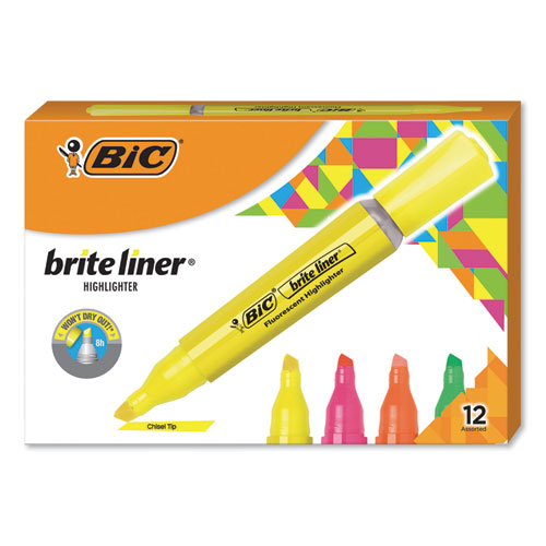 Brite Liner Tank-Style Highlighter, Assorted Ink Colors, Chisel Tip, Assorted Barrel Colors, Dozen-(BICBLMG11AST)