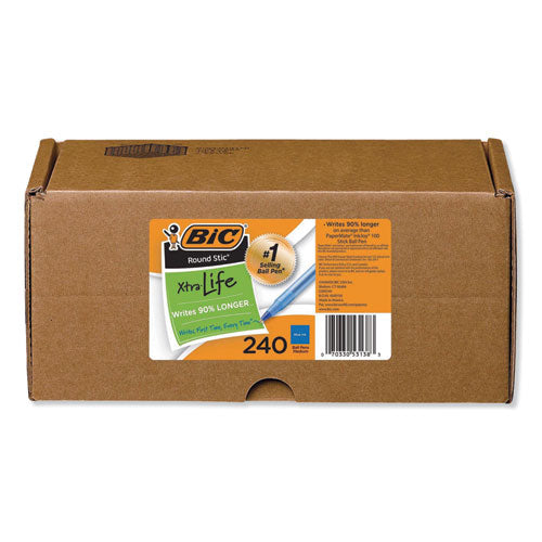 Round Stic Xtra Life Ballpoint Pen Xtra-Value Pack, Stick, Medium 1.2 mm, Blue Ink, Gray Barrel, 240/Carton-(BICGSM240BE)