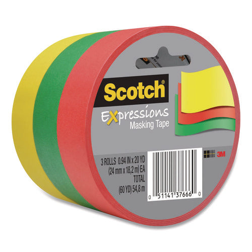 Expressions Masking Tape, 3" Core, 0.94" x 20 yds, Red, Green, Yellow, 3 Rolls/Pack-(MMM34373PRM)