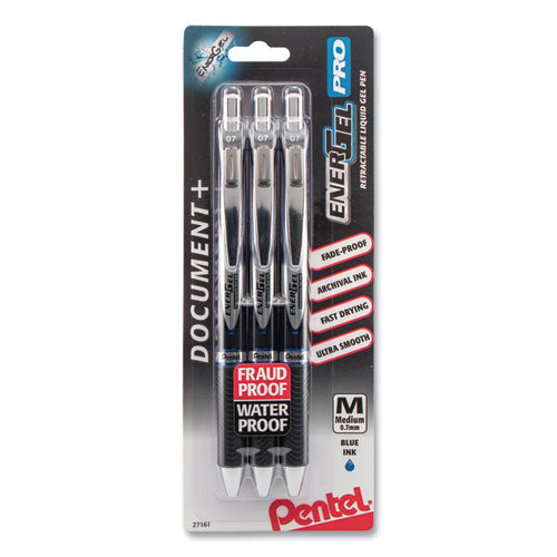 EnerGel PRO Gel Pen, Retractable, Medium 0.7 mm, Blue Ink, Black Barrel, 3/Pack-(PENBLP77BP3C)
