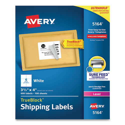 Shipping Labels w/ TrueBlock Technology, Laser Printers, 3.33 x 4, White, 6/Sheet, 100 Sheets/Box-(AVE5164)