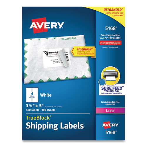Shipping Labels w/ TrueBlock Technology, Laser Printers, 3.5 x 5, White, 4/Sheet, 100 Sheets/Box-(AVE5168)