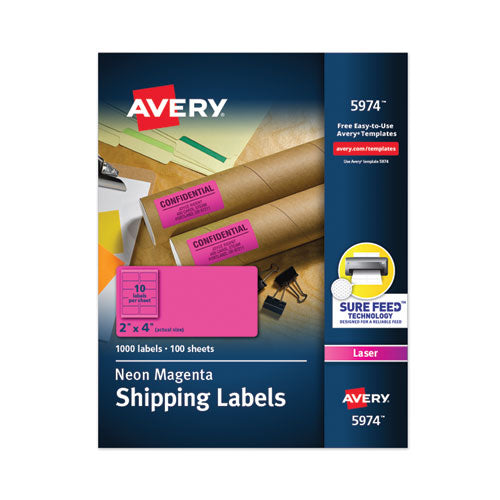 High-Visibility Permanent Laser ID Labels, 2 x 4, Neon Magenta, 1000/Box-(AVE5974)