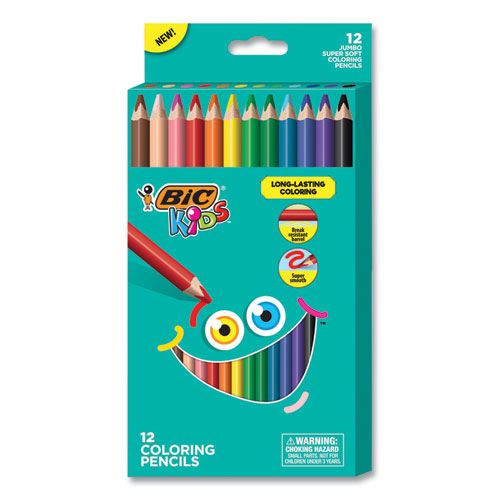 Kids Jumbo Coloring Pencils, 1 mm, HB2 (#2), Assorted Lead, Assorted Barrel Colors, 12/Pack-(BICBKCPJ12AST)