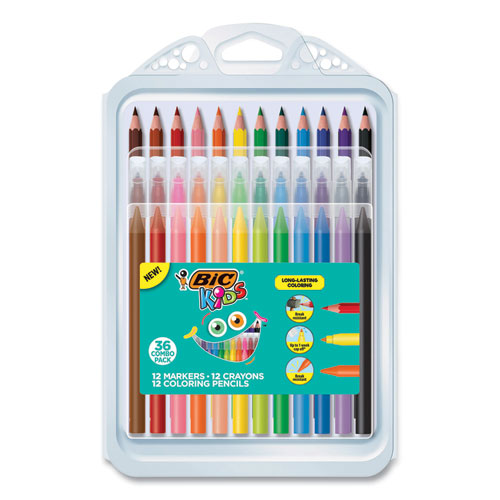 Kids Coloring Combo Pack in Durable Case, 12 Each: Colored Pencils, Crayons, Markers-(BICBKXP36AST)