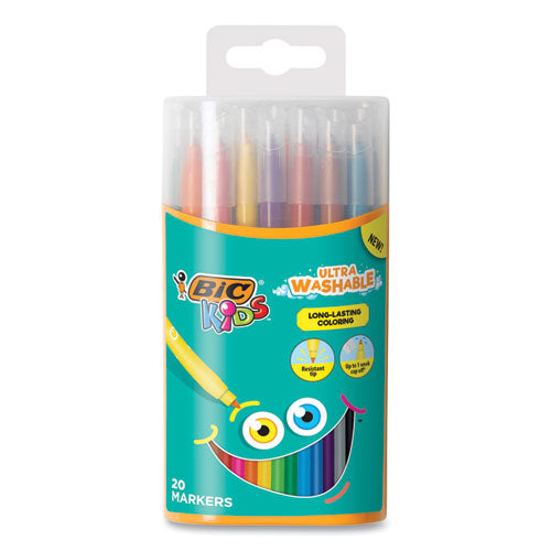 Kids Ultra Washable Markers, Plastic Tube, Medium Bullet Tip, Assorted Colors, 20/Pack-(BICBKCMD20AST)