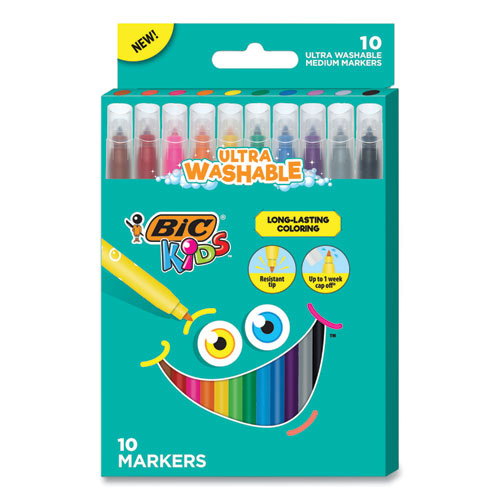 Kids Ultra Washable Markers, Medium Bullet Tip, Assorted Colors, 10/Pack-(BICBKCM10AST)