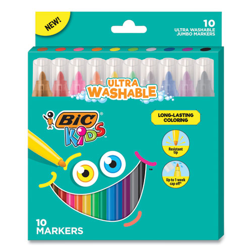 Kids Ultra Washable Jumbo Markers, Medium Bullet Tip, Assorted Colors, 10/Pack-(BICBKCMJ10AST)