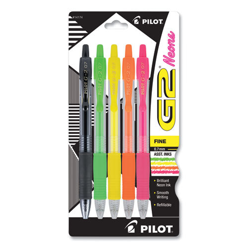 G2 Neon Gel Pen, Retractable, Fine 0.7 mm, Assorted Neon Ink and Barrel Colors, 5/Pack-(PIL14174)