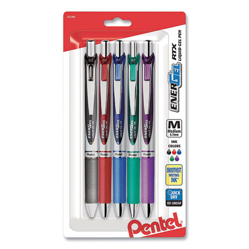 EnerGel RTX Gel Pen, Retractable, Medium 0.7 mm, Assorted Ink and Barrel Colors, 5/Pack-(PENBL77BP5M)
