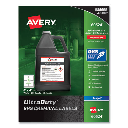UltraDuty GHS Chemical Waterproof and UV Resistant Labels, 4 x 4, White, 4/Sheet, 50 Sheets/Pack-(AVE60524)