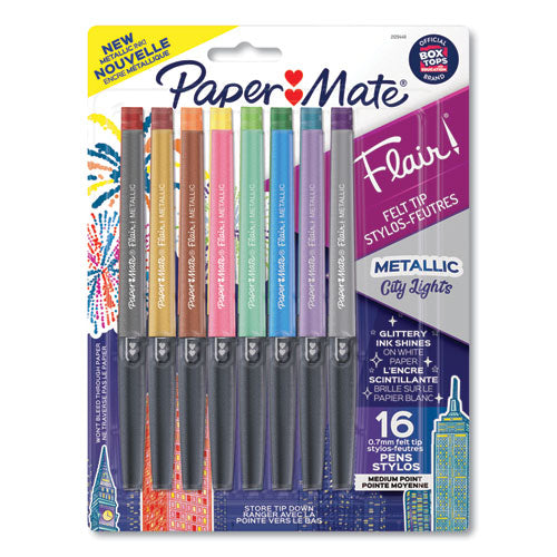 Flair Metallic Porous Point Pen, Stick, Medium 0.7 mm, Assorted Ink and Barrel Colors, 16/Pack-(PAP2129448)