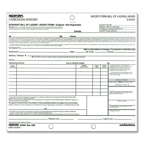 Speediset Bill of Lading, Short Form, Three-Part Carbonless, 7 x 8.5, 50 Forms Total-(RED6P695)