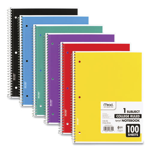 Spiral Notebook, 3-Hole Punched, 1-Subject, Medium/College Rule, Randomly Assorted Cover Color, (100) 11 x 8 Sheets-(MEA06622)