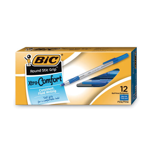 Round Stic Grip Xtra Comfort Ballpoint Pen, Stick, Fine 0.8 mm, Blue Ink, Gray/Blue Barrel, Dozen-(BICGSFG11BE)