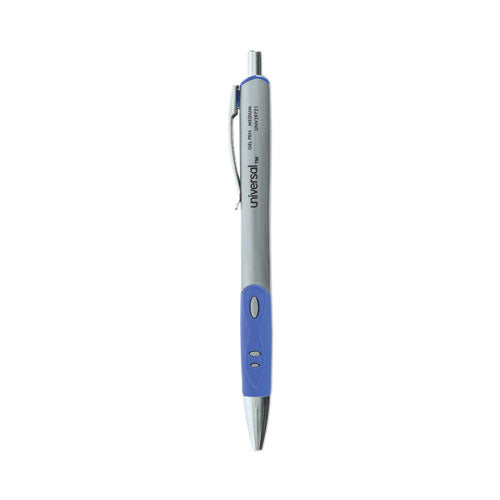 Comfort Grip Gel Pen, Retractable, Medium 0.7 mm, Blue Ink, Silver Barrel, Dozen-(UNV39721)