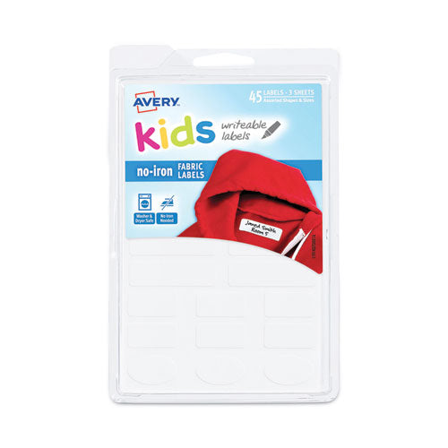Avery Kids No-Iron Fabric Labels, 6 x 4, White, 15 Labels/Sheet, 3 Sheets/Pack-(AVE40700)