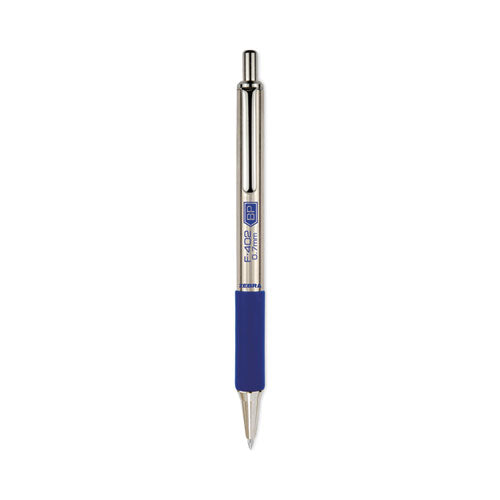 F-402 Ballpoint Pen, Retractable, Fine 0.7 mm, Blue Ink, Stainless Steel/Blue Barrel, 2/Pack-(ZEB29222)