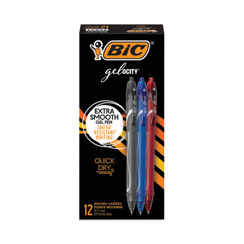 Gel-ocity Quick Dry Gel Pen, Retractable, Fine 0.7 mm, Three Assorted Ink and Barrel Colors, Dozen-(BICRGLCG11AST)