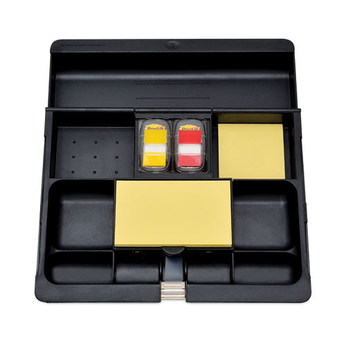 Recycled Plastic Desk Drawer Organizer Tray, 12 Compartments, 11.75 x 10.5 to 16 x 1.63, Black-(MMMC71)
