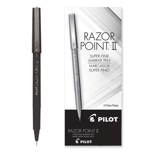 Razor Point Fine Line Porous Point Pen, Stick, Extra-Fine 0.3 mm, Black Ink, Black Barrel, Dozen-(PIL11001)